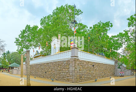 Die aus einem anderen Blickwinkel von Jaya Sri Maha Bodhi Tempel mit den ausladenden Zweigen der heilige Figur, oben den hohen Wänden, Anuradhapura, Sri Lanka gesehen. Stockfoto