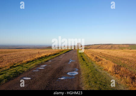 Pfützen auf einem Feldweg durch die malerische Landschaft der Yorkshire Wolds im Winter eingefroren. Stockfoto