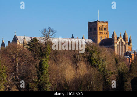 Ein Blick auf die historische St. Albans Kathedrale von Verulamium Park in Hertfordshire, England. Stockfoto