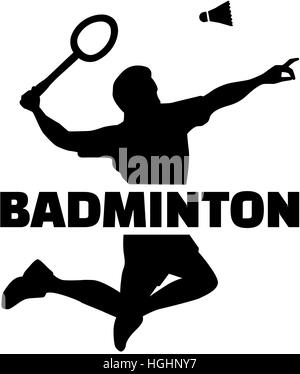 Badminton-Spieler-Silhouette mit Wort Stockfoto