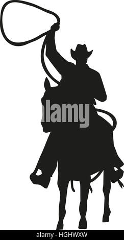 Cowboy mit Lasso auf Pferd silhouette Stockfoto