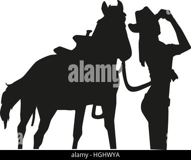 Cowgirl mit Pferd silhouette Stockfoto