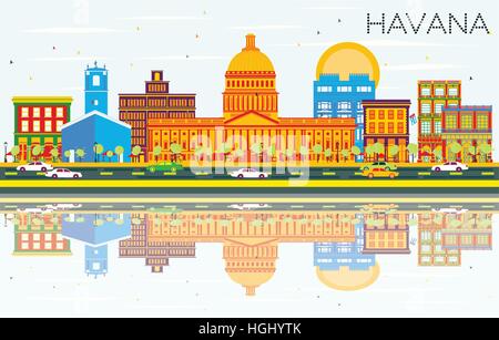 Havanna Skyline mit Farbe Gebäuden, blauer Himmel und Reflexionen. Vektor-Illustration. Geschäftsreisen und Tourismus-Konzept mit historischer Architektur. Stock Vektor