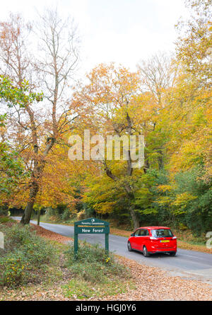 Auto vorbei New Forest National Park-Schild am Schwan grün, Lyndhurst, Hampshire, England, Vereinigtes Königreich Stockfoto