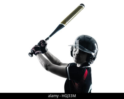 eine Frau spielen Softball-Spieler in der Silhouette isoliert auf weißem Hintergrund Stockfoto