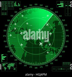 Grüne Radarbildschirm mit Flugzeugen und Weltkarte Stock Vektor