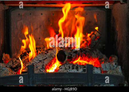 Verbrennung von Holz im Kamin Stockfoto