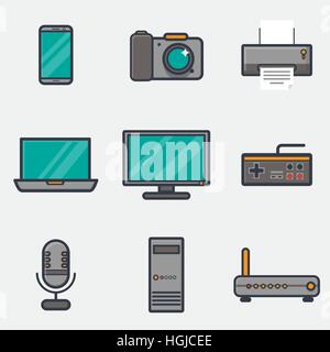 Reihe von Retro-Vintage Dicke und dünne Linie Icons. Media-Geräte mit Display in grau, gold und blau. Stock Vektor