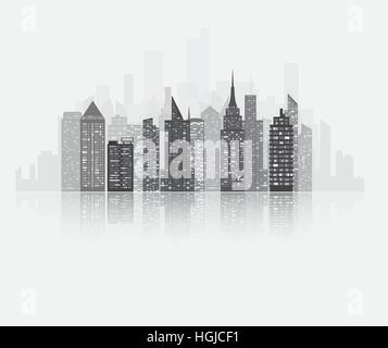 Realistische urbane Detailansicht mit Wolkenkratzern. Jede Menge Bigg Wolkenkratzer mit vielen leuchtenden in den Nacht-Fenstern. Graue Stadtbild Skyline mit Wasser r Stock Vektor
