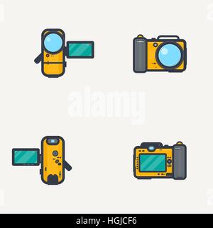 Pixel-Linienart, sport wasserdicht gelb Foto-Kamera und Videokamera. Von vorne und zurück, mit offenen Display anzeigen. Stock Vektor