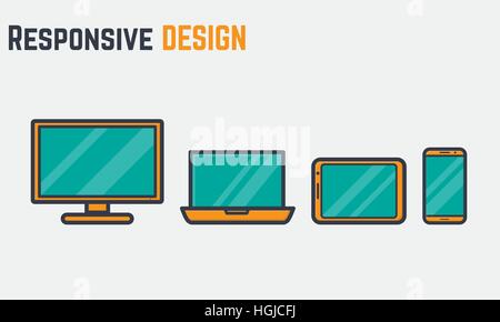 Dicke und dünne Linien Ikonen der digitalen Geräte mit Bildschirm für responsive Web design Internet-Seiten. Stock Vektor