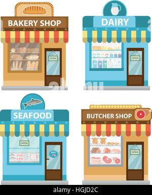 Geschäfte, Set, flache Bauweise. Shop-Sammlung isoliert auf weißem Hintergrund. Fisch-Produkte, Fleisch, Molkerei, Bäckerei. Vektor-Illustration, ClipArt-Grafiken. Stock Vektor