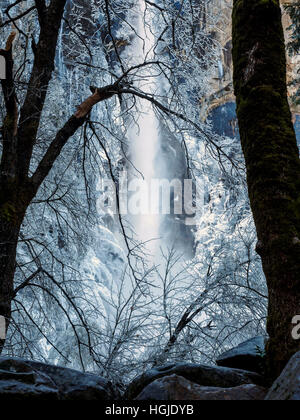 Eis und Wasser - ein Winter-Szene am Bridalveil Falls im Yosemite Valley, Kalifornien im Dezember 2016. Stockfoto