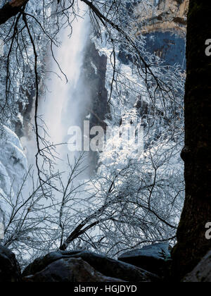 Eis und Wasser - ein Winter-Szene am Bridalveil Falls im Yosemite Valley, Kalifornien im Dezember 2016. Stockfoto