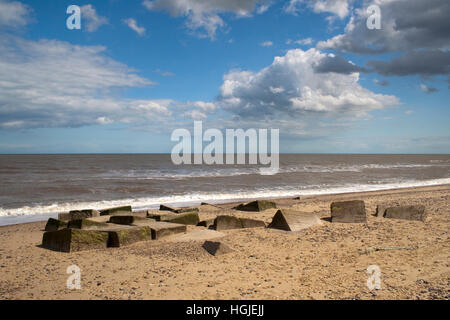 Betonblöcke an Benacre Strand in Suffolk, England Stockfoto