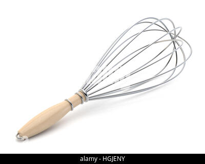 Schneebesen mit Holzgriff. 3D-Render Abbildung isoliert auf weißem Hintergrund Stockfoto