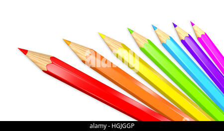 3D gerendert Illustration sieben Buntstifte in einem Regenbogen über weißen isoliert. Stockfoto