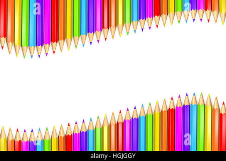 3D gerendert Illustration einer Zeile oder einem Band Regenbogen Buntstifte auf weißem Hintergrund mit textfreiraum in der Mitte. Stockfoto