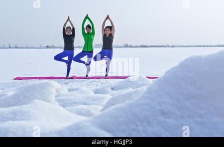 Zhangye, Chinas Provinz Gansu. 10. Januar 2017. Liebhaber von Yoga praktizieren Yoga in Zhangye National Wetland Park, Nordwesten Chinas Provinz Gansu, nach einem Schneefall am 10. Januar 2017. © Wang Jiang/Xinhua/Alamy Live-Nachrichten Stockfoto