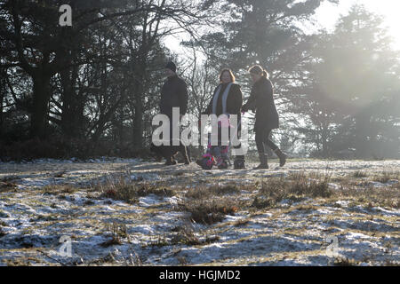 Hindhead, Surrey, England UK. 22. Januar 2017. Eine Familie machen Sie einen Spaziergang entlang des Teufels Punchbowl Frost bedeckt an Hindhead, ein beliebter Ort für ein Wochenende zu Fuß. Bildnachweis: Julia Gavin UK/Alamy Live-Nachrichten Stockfoto