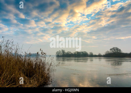 Fen Drayton Cambridgeshire, Großbritannien. 23. Januar 2017. Die wässrige Fenland Landschaft der Fähre Lagune an der RSPB Natur-Reserve ist nach einer Nacht Frost eingefroren. Zunehmende Bewölkung über Nacht brachte Temperaturen bis zu gerade über dem Gefrierpunkt in der Morgendämmerung und gab es einen leichten Nebel Flucht neblige Wetter im Südosten der Vereinigten. Bildnachweis: Julian Eales/Alamy Live-Nachrichten Stockfoto