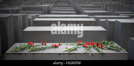 Berlin, Deutschland. 27. Januar 2015. Archiv - Blumen auf einer Stele von das Holocaust-Mahnmal in Berlin, Deutschland, 27. Januar 2015 liegen. Foto: Bernd von Jutrczenka/Dpa/Alamy Live News Stockfoto