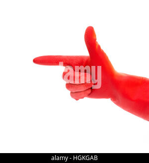 Hand in roten Handschuh mit zeigt Finger Zeichen Symbolsprache Bedeutung Richtung rechts Weg richtige Antwort Stockfoto