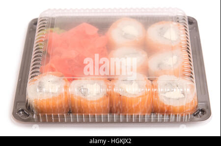 Sushi im Paket auf einem weißen Hintergrund isoliert Stockfoto
