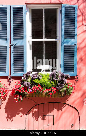 Haus im Kolonialstil mit roten Wänden, blaue Fensterläden, Blumenkasten und Katze im Fenster Stockfoto