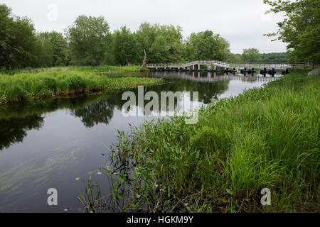 Eine Pontonbrücke im Kejimkujik National Park und National Historic Site in Nova Scotia, Kanada. Stockfoto