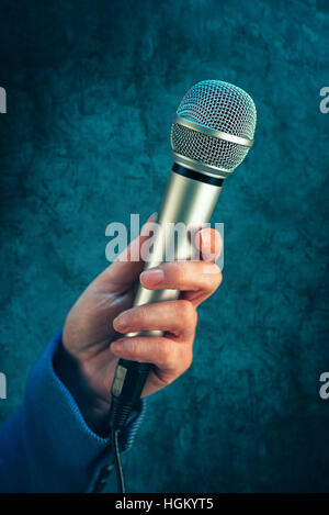 Elegante Journalistin geschäftlichen Gespräch, Hand mit Mikrofon Stockfoto