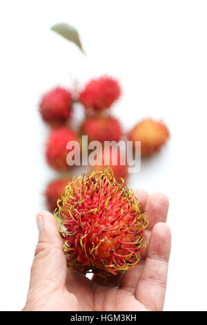 Nahaufnahme von Nephelium Lappaceum oder auch Rambutan Früchte auf weißen Hintergrund isoliert Stockfoto