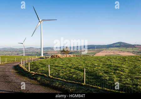 Turbinen eines Windparks punktieren die grüne Landschaft des Wexford in Irland Stockfoto