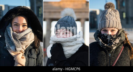 Berlin, Deutschland. 6. Januar 2017. COMBO. L-r: eine Kombination aus Fotos zeigt Sinem aus Köln (Deutschland), Elia aus Valencia (Spanien) und Maxime aus München (Deutschland) gegen die Kälte in Hüte, Schals und Jacken gewickelt. Foto: Paul Zinken/Dpa/Alamy Live News Stockfoto