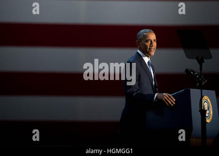 Chicago, USA. 11. Januar 2017. US-Präsident Barack Obama liefert seine Abschiedsrede in Chicago, Illinois, Vereinigte Staaten von Amerika am 10. Januar 2017. © Shen Ting/Xinhua/Alamy Live-Nachrichten Stockfoto