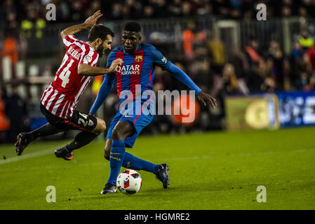 Barcelona, Spanien. 11. Januar 2017. FC Barcelona-Verteidiger UMTITI während der spanische Copa del Rey (Königspokal) Runde 16 Sekunden Bein Fußballspiel FC Barcelona gegen Athletic Club Bilbao im Camp Nou Stadion in Barcelona. Bildnachweis: Matthias Oesterle/ZUMA Draht/Alamy Live-Nachrichten Stockfoto