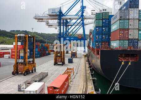 Freight Handling von Containern an der Port Chalmers, Otago Harbour, Dunedin, Neuseeland. Stockfoto