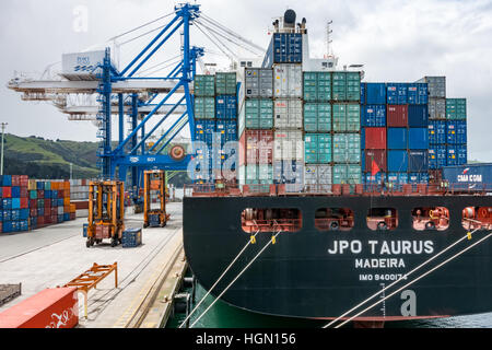 Freight Handling von Containern an der Port Chalmers, Otago Harbour, Dunedin, Neuseeland. Stockfoto