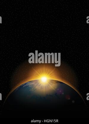 Planeten mit glänzenden Sonnenaufgang im schwarzen Raum. Stock Vektor