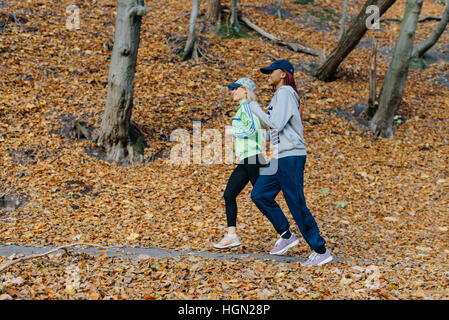 Seite Foto von zwei attraktiven Sport Frauen im Herbst Park Joggen. Blond und afrikanische Mädchen. Gelbe Blätter. Frau, Lächeln Stockfoto