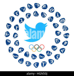 Kiew, Ukraine - 3. August 2016: Twitter-Vogel-Logo mit Olympischen Ringen und Sportarten die 2016 in Rio De Janeiro, Brasilien, vom 5. August bis Stockfoto