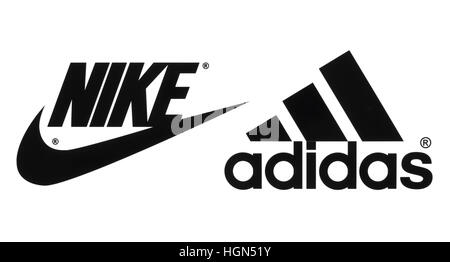 Kiew, Ukraine - 26. September 2016: Sammlung der beliebtesten Hersteller Sportschuhe Logos, die auf Papier gedruckt: Nike und Adidas Stockfoto