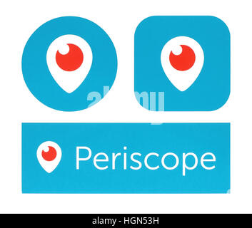 Kiew, Ukraine - 10. Oktober 2016: Sammlung von Periskop Logos auf weißem Papier gedruckt. Periscope ist eine bekannte Video-Streaming-Dienst Stockfoto