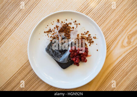 Das Restaurant Aquavit. Blutwurst ist das Gericht fotografiert. Stockfoto