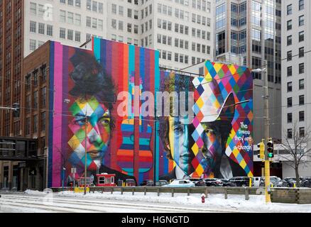 Wandbild von Bob Dylan des brasilianischen Künstlers Eduardo Kobra in der Innenstadt von Minneapolis, Minnesota Stockfoto