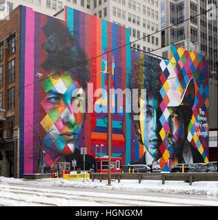 Wandbild von Bob Dylan des brasilianischen Künstlers Eduardo Kobra in der Innenstadt von Minneapolis, Minnesota Stockfoto