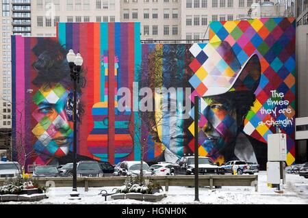 Wandbild von Bob Dylan des brasilianischen Künstlers Eduardo Kobra in der Innenstadt von Minneapolis, Minnesota Stockfoto