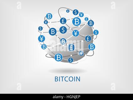 Bitcoin-Vektor-Illustration der angeschlossenen World Wide Web für interne Überweisung Stock Vektor