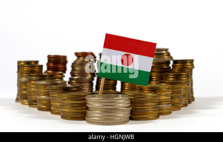 Niger-Fähnchen mit Stapel von Geld Münzen Stockfoto