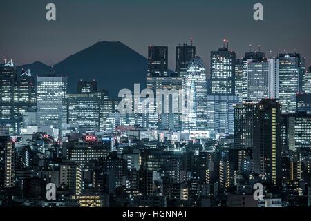 Nachtaufnahme, Wolkenkratzer von Shinjuku und Mt. Fuji, Ansicht von Bunkyo-Ku, Tokyo, Japan Stockfoto